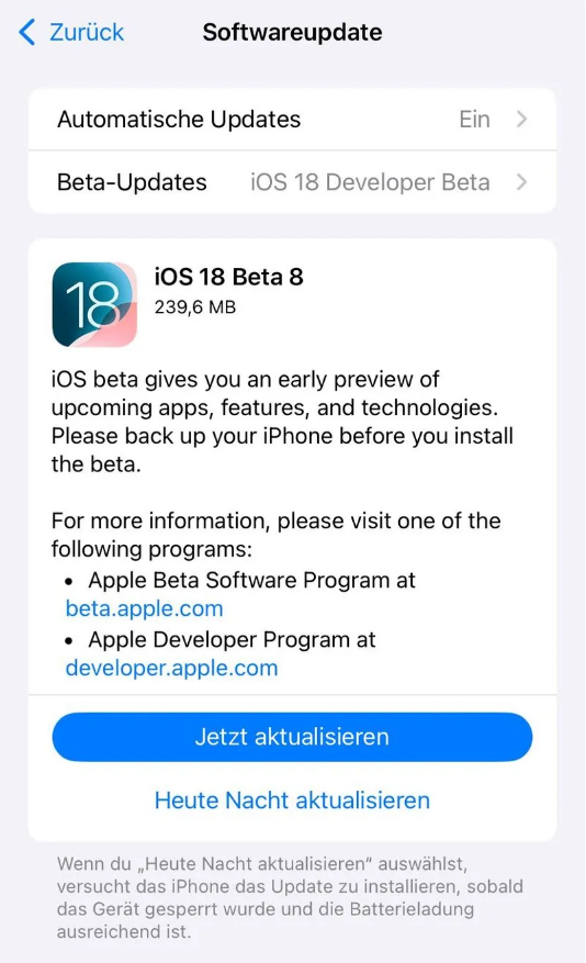 岢岚苹果手机维修分享苹果 iOS / iPadOS 18 开发者预览版 Beta 8 发布 